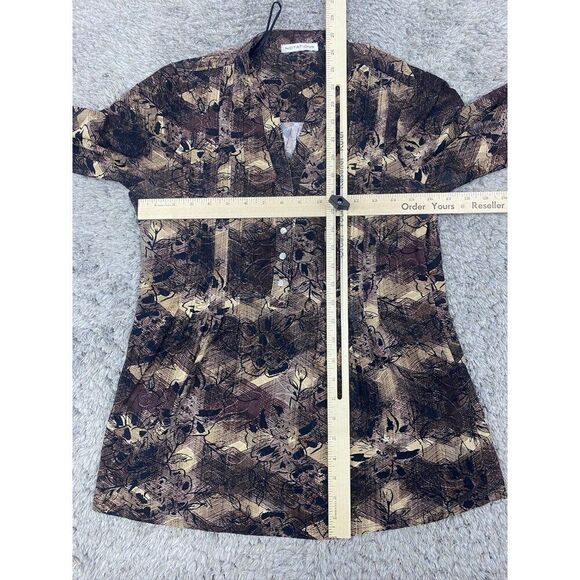 Notations Top Womans Medium Brown Funky Abstract V Veck 3/4 Sleeve Tunic Blouse - Picture 5 of 8